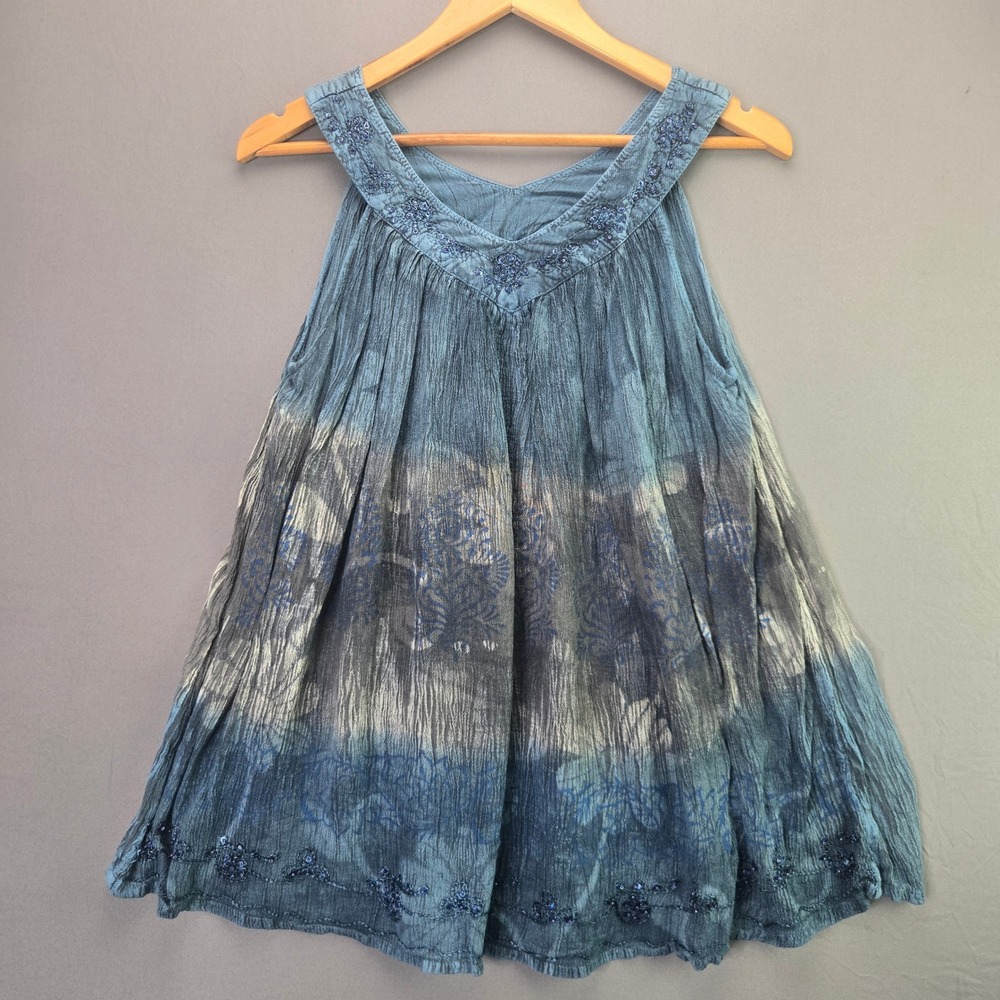 Just Cruising Tank Top Tie Dye Sequin Embroidered OS Blue Rayon Boho Crinkle